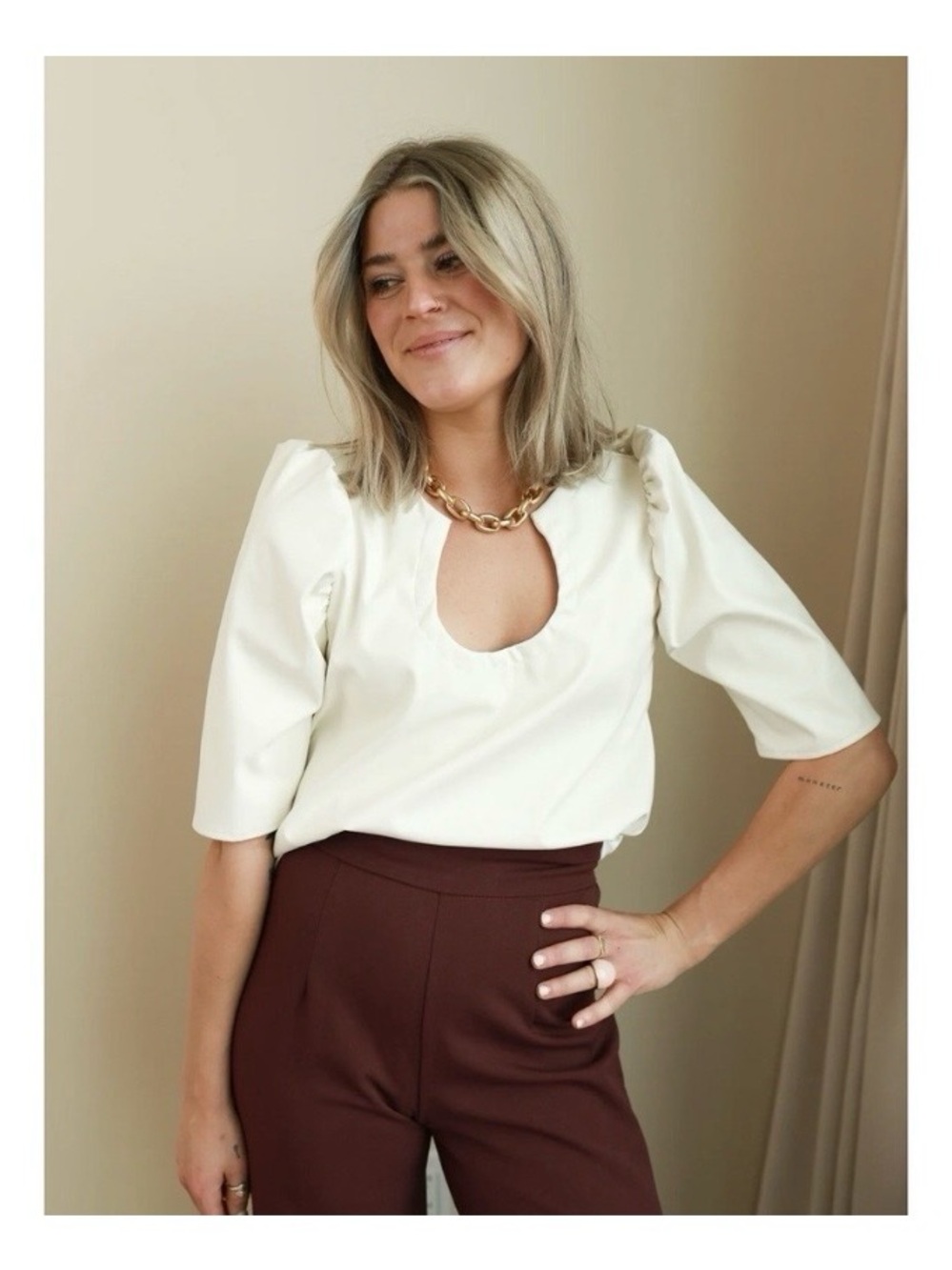 Never A Wallflower Faux Leather Horseshoe Top Small Puff Sleeves Boho Chic